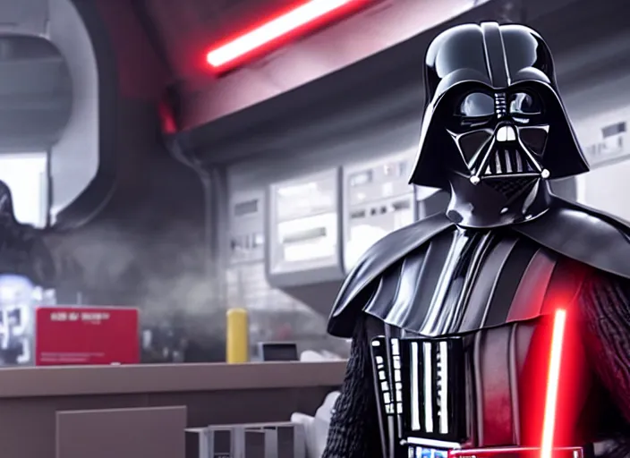 Image similar to film still of Darth Vader works at a gas station in the new Star Wars movie, 4k