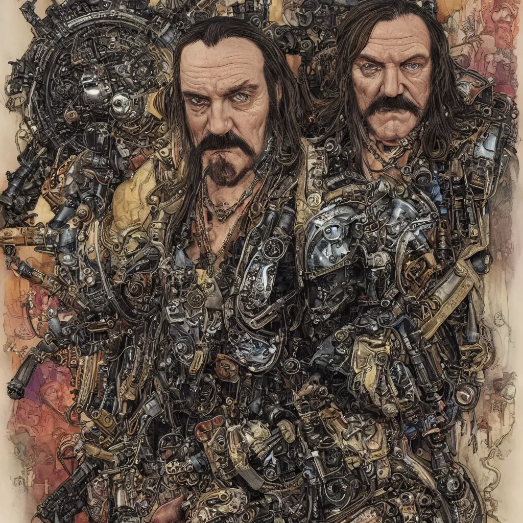 Image similar to A dramatic full-color art nouveau and ironpunk styled bust panorama portrait of lemmy kilmister as an dieselpunk engine tank king of the universe, hyperdetailed mixed media artwork combining the styles of Travis Charest, Michael Kaluta and Bill Sienkiewicz, vast power, perfectly symmetrical facial features, 8k, deeply hyperdetailed, cinematic lighting, realistic mechanical details, 8k, UHD, HDR