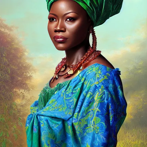 Image similar to portrait of a nigerian woman ( 3 5 ) from nigeria, an oil painting by ross tran and thomas kincade