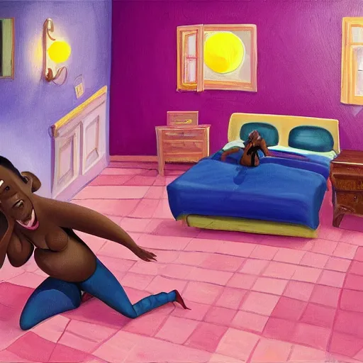 Prompt: stunning, coherent, beautiful painting, still of a giant man destroying a beautiful black bbw woman in her bed , she is taking a selfie of the creepy man is following her, 3d, in the style of pixar, comic book style, 3d, highly detailed, highly detailed, sharp focus, bokeh, depth of field, 16k resolution, Unreal Engine 5, coherent, cinematic lighting, photorealistic, by Zhang Jingna