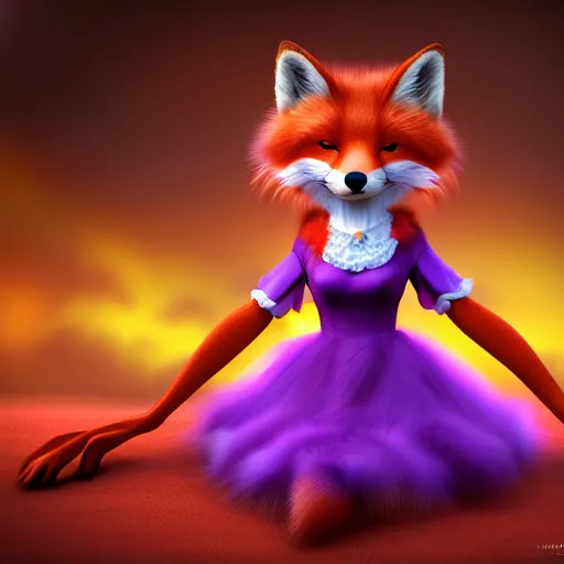 Image similar to majestic art of purple orange red furred anthropomorphic female furry fox wearing a maid dress, 8k resolution, high detail, ULTRA REALISTIC VFX, reflections, post processing