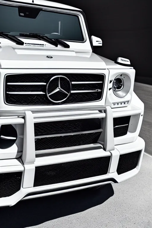 Prompt: Photo of a white 2019 Mercedes-Benz G63, daylight, front view, studio lighting, high resolution.