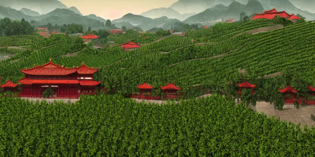 Image similar to A Chinese style winery with red walls and a green roof. The vineyards are sprawling and green, with a river winding through them. In the distance, there are mountains. immaculate scale, hyper-realistic, Unreal Engine, Octane Render, digital art, trending on Artstation, 8k, detailed, atmospheric, immaculate