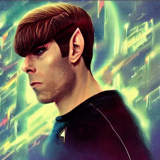 Prompt: : aesthetic portrait commission of badass ZACHARY QUINTO SPOCK kissing CHRIS PINE KIRK + FUTURISTIC + HYPERDETAILED + 2022 award winning painting + character design by charlie bowater + Ross tran + artgerm + makoto shinkai + UPSCALED