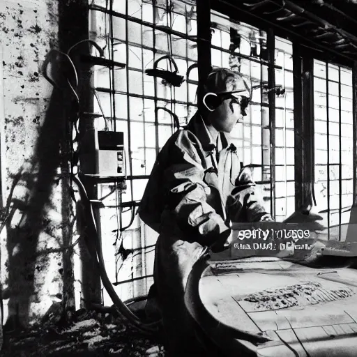 Prompt: cat scientist working at the chernobyl nuclear power plant, black & white photo