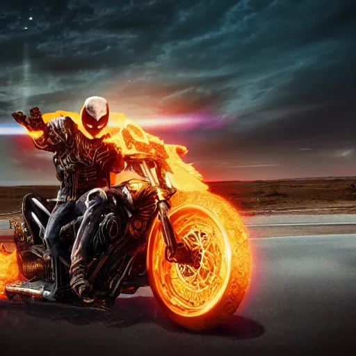 Prompt: ghost rider in spawn's outfit, riding ghost rider's hellish motorcycle off on a road leading to the northern lights, supervillains, intricate artwork, concept art, octane render, deviant art, cinematic, key art, hyperrealism, iridescent accents, portrait photo, nikon 3 5 mm, photograph by greg