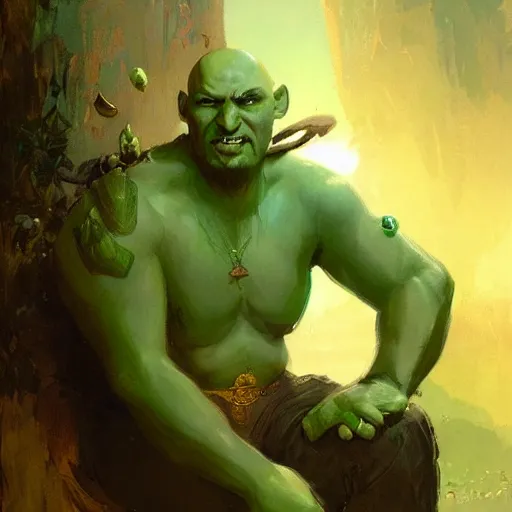 Image similar to well - groomed green - skinned bard, goatee, bald, thoughtful expression, gong, fantasy character portrait by greg rutkowski, gaston bussiere, craig mullins