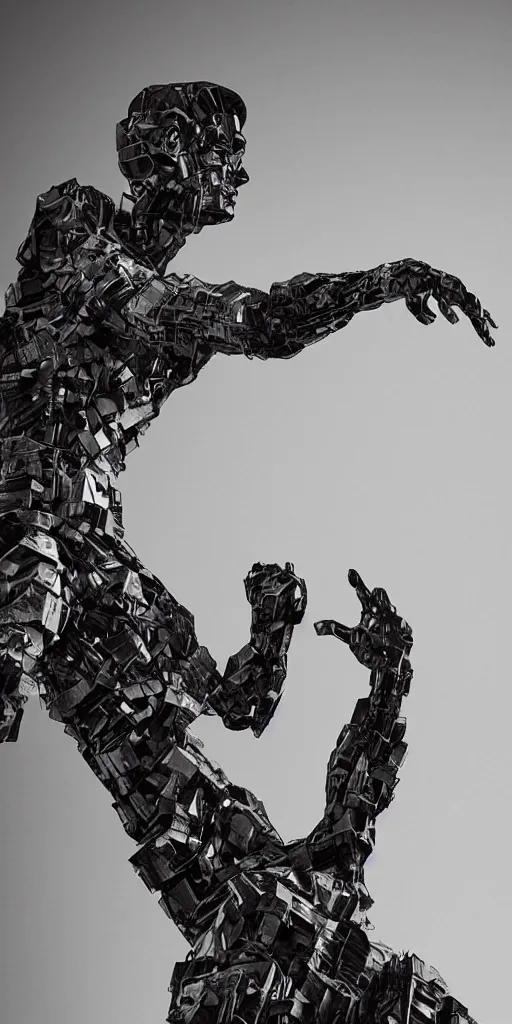 Prompt: A highly detailed cyberpunk brutalist angular greek statue of a person reaching hand out, sculpture, glitch
