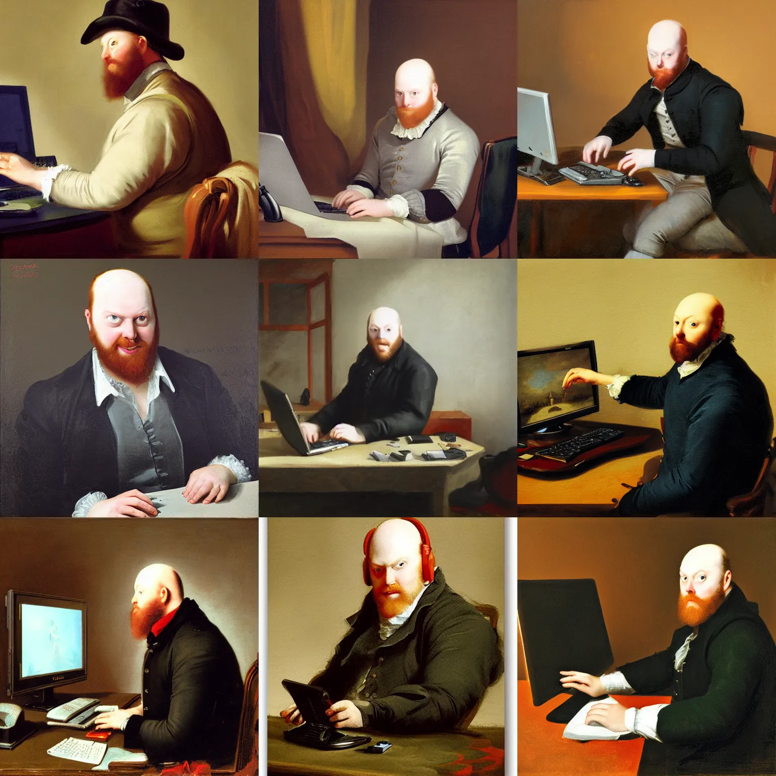 Prompt: playful portrait of angriestpat using a desktop computer by joseph ducreux