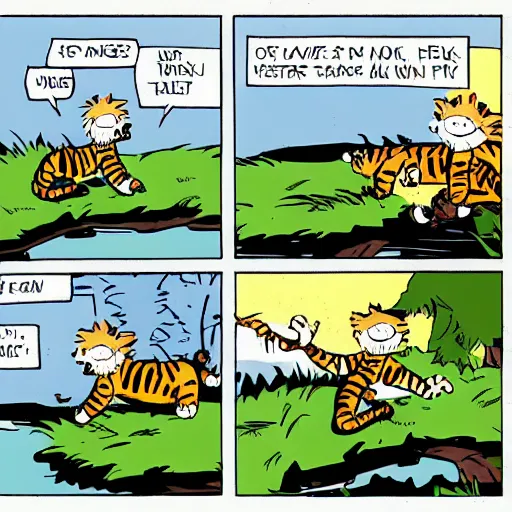 Image similar to Calvin and Hobbes in the style of Bill Waterson, single panel, full colour,