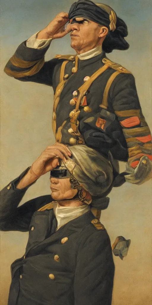 Prompt: portrait of a blindfolded soldier saluting