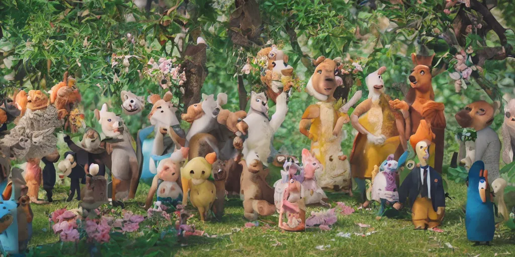 Prompt: a stop motion animated film still, animals wedding ceremony, by wes anderson, nature exterior, puppet cartoon, very realistic skin fabric texture, trending on artstation, sunny day light, bright colors,