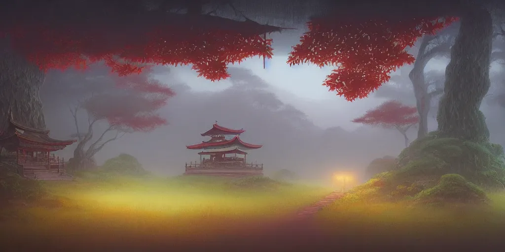 Image similar to foggy japanese shrine!!! a highly detailed cinematic oil painting by roger dean and alena aenami, dynamic lighting