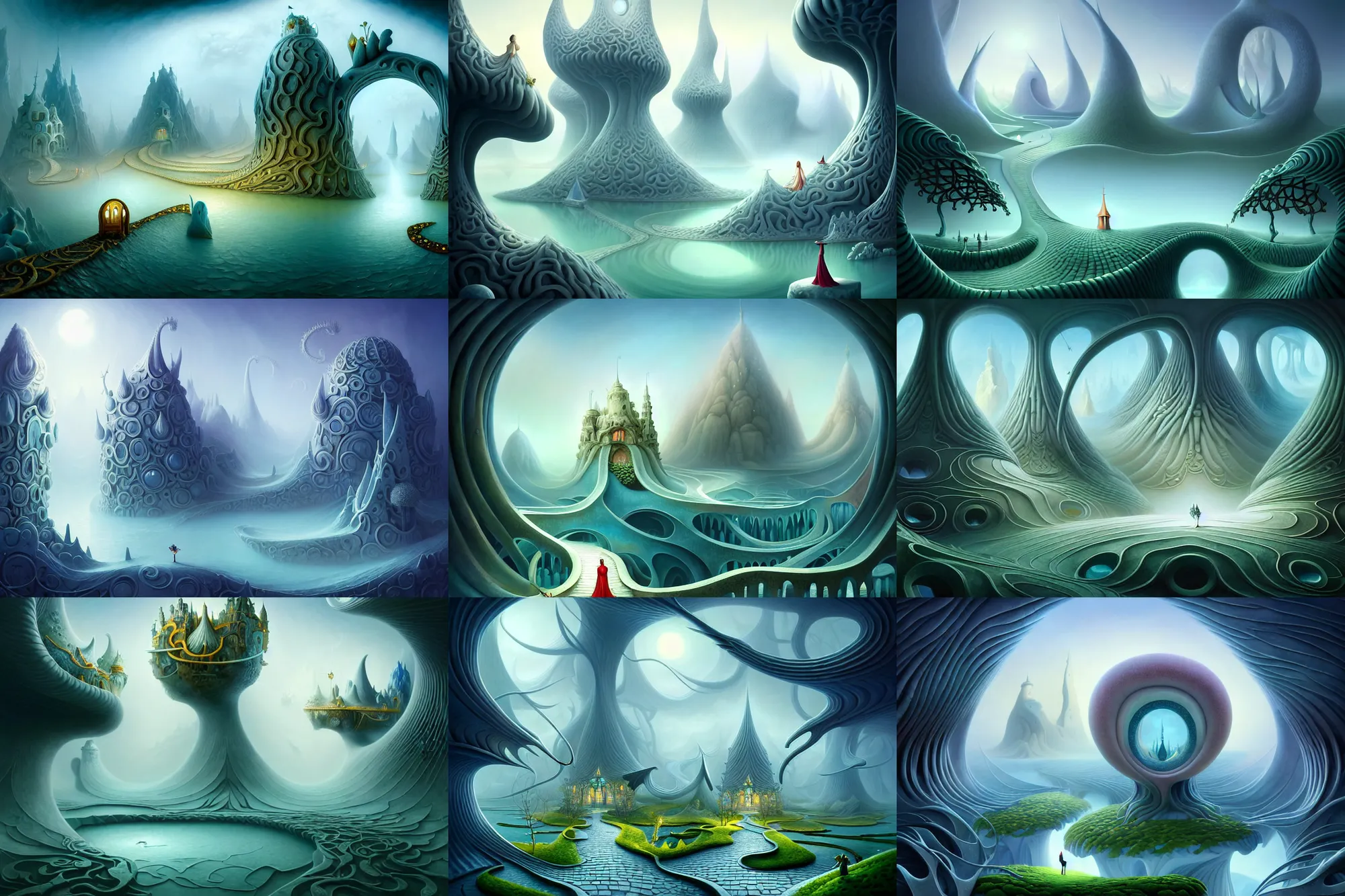 Prompt: a beguiling masterpiece fantasy matte painting of an impossible path winding through arctic dream worlds with surreal architecture designed by heironymous bosch, structures inspired by heironymous bosch's garden of earthly delights, surreal ice interiors by cyril rolando and asher durand and natalie shau, insanely detailed, whimsical, intricate, sharp focus, beautiful