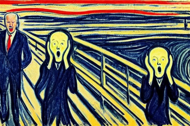 Prompt: Edvard Munch's 'the scream but with joe biden and the stock market is in the background', painting, expressionism