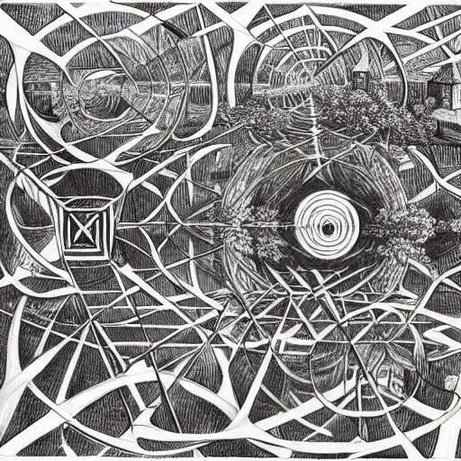 Image similar to a non - euclidean city by the river with a forest, detailed drawing by m. c. escher