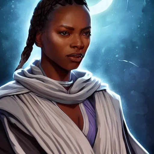 Image similar to black germanic, irish female, jedi master, wearing the traditional jedi robe, beautiful and uniquely odd looking, detailed symmetrical close up portrait, intricate complexity, in the style of artgerm and ilya kuvshinov, magic the gathering, star wars art