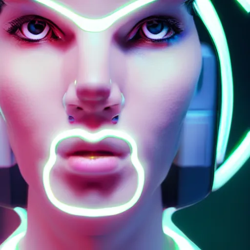 Prompt: white one cast futuristic biomechanic future human, beautiful face, female, futuristic, neon lights, cyberpunk, 8 k, digital painting, by beeple and makoto shinkai, trending on cg society, glamour pose, fashion photography, high fashion, canon r 3, photorealistic, hyper realisitic