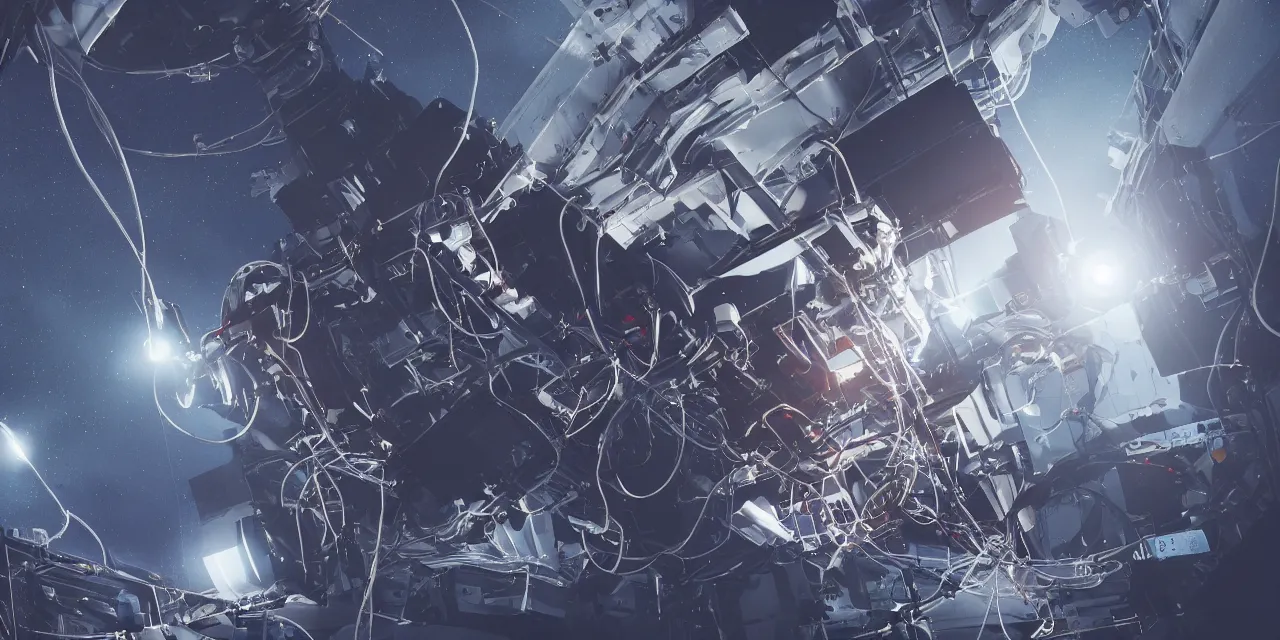 Image similar to astronaut entangled by a lot of cables, connected to a supercomputer designed by Dieter Rams, cinematic lighting, haze, moonlight, strong shadows, octane render, lens flare