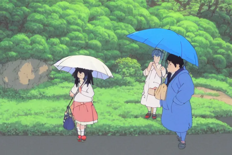 Prompt: a cute studio ghibli painting of a totaro dressed up in a mallard duck costume standing next a woman at the bus stop; holding out an umbrella to stop the rain from getting the woman wet, beautiful lighting, in the style of studio ghibli, artwork by Hayao Miyazaki and Isao Takahata, highly detailed, 8K, smooth, cinematic, vibrant colors, trending on artstation, japanese animation, stunning artistry and soaring imagination