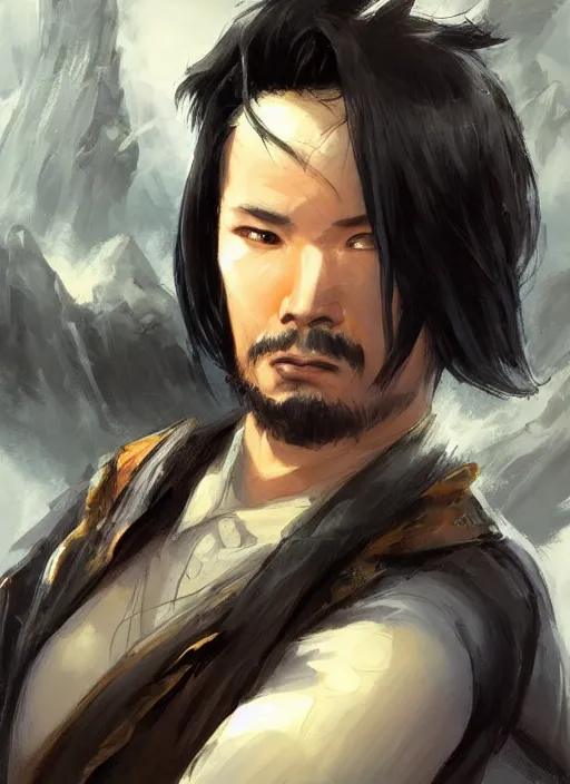 Prompt: asian with medium black hair man looking down at me, low angle, camera low, dndbeyond, bright, colourful, realistic, dnd character portrait, full body, pathfinder, pinterest, art by ralph horsley, dnd, rpg, lotr game design fanart by concept art, behance hd, artstation, deviantart, hdr render in unreal engine 5