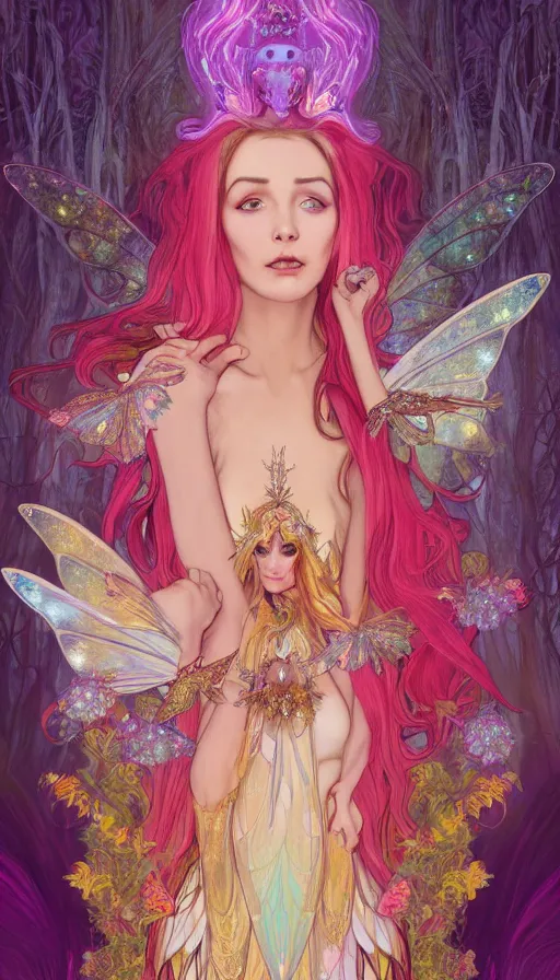 Image similar to a colorful and provenance and stunningly beautiful female faerie priestess in amanita muscaria forest landscape, symmetrical wings on back, neon hair, fantasy art, wearing a dress of gossamer gold, dark light night, sharp focus, digital painting, 4 k, concept art, art by charlie bowater and alphonse mucha, brom, face by otto schmidt