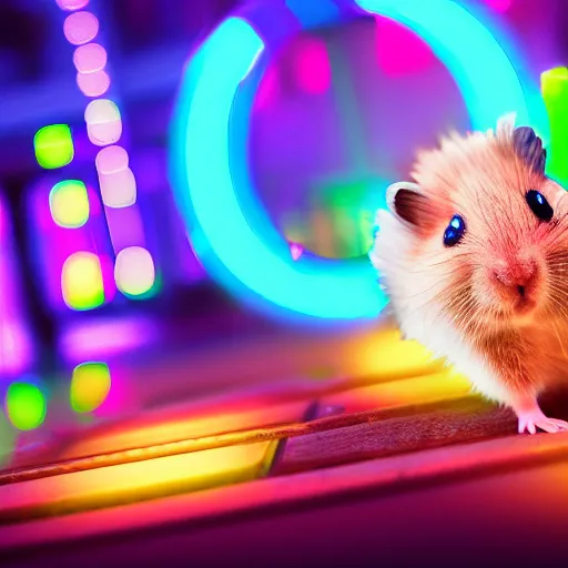 Image similar to hamster in a rainbow cyberpunk city with bright neon lights, 8 k, hd, light reflection