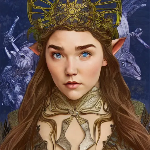 Image similar to Florence Pugh as a elf archer, cute, fantasy, intricate, elegant, highly detailed, centered, digital painting, artstation, concept art, smooth, sharp focus, illustration, art by artgerm and H R Giger and alphonse mucha