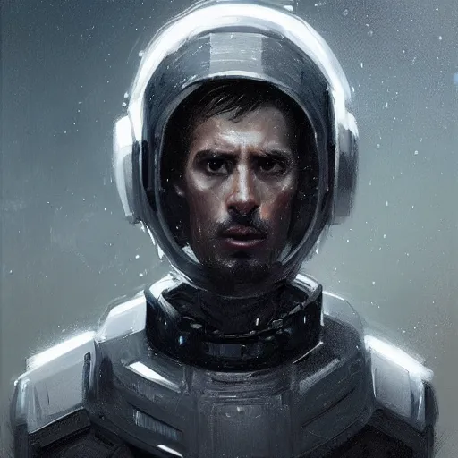 Image similar to portrait of a man by greg rutkowski, he is about 3 0 years old, short black hair with bangs, scared and incredulous, very tall and slender, he is wearing futuristic space gear, highly detailed portrait, digital painting, artstation, concept art, smooth, sharp foccus ilustration, artstation hq