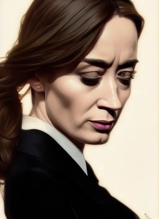 Image similar to portrait of a cat eyed emily blunt as business woman, black suit, white shirt, black tie, intricate, headshot, highly detailed, digital painting, artstation, concept art, sharp focus, cinematic lighting, illustration, art by artgerm and greg rutkowski, alphonse mucha, cgsociety