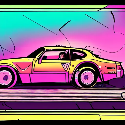 Prompt: a tardigrade driving a trans am, 1 9 8 3, miami, nighttime, synthwave, detailed,