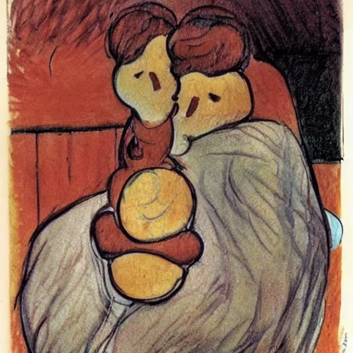 Prompt: A bread with chocolate hugging another bread with chocolate, Toulouse Lautrec style