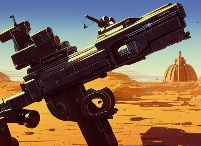 Image similar to futuristic gun on while background, hyperrealism, no blur, 4 k resolution, ultra detailed, style of style of robert mccall, syd mead, tyler edlin, wes anderson, greg rutkowski