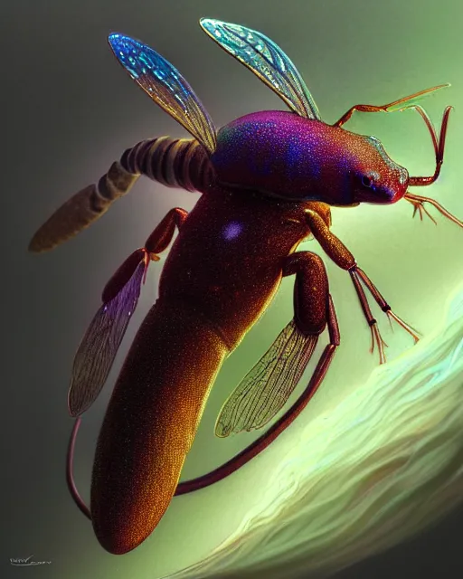 Image similar to dichroic ant axolotl snail bug bee fly worm caterpillar fish, (((artstation, concept art, smooth, sharp focus, artgerm, Tomasz Alen Kopera, Peter Mohrbacher, donato giancola, Joseph Christian Leyendecker, WLOP, Boris Vallejo))), octane render, unreal engine, 3d render, , octane render, nvidia raytracing demo, grainy, muted