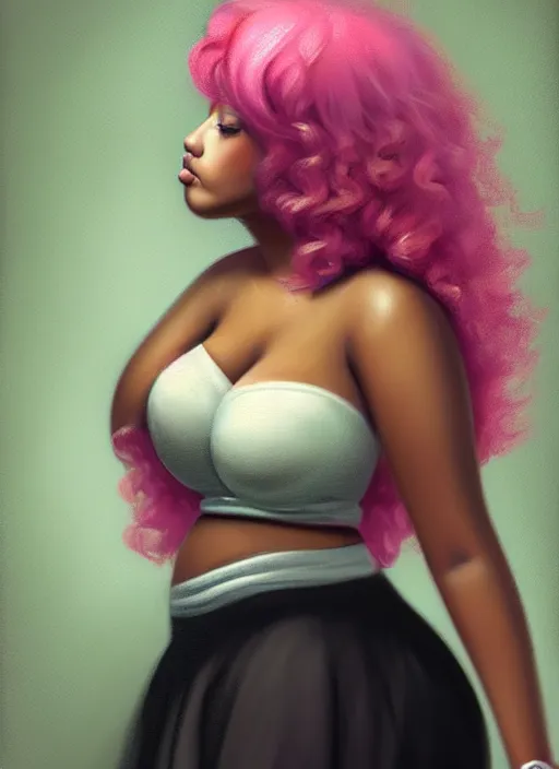 Image similar to full body portrait, teenage vanessa morgan, pink hair, obese, black girl, curly pixie hair, sultry, realistic, short hair, hoop earrings, skirt, shirt, fat, belly, intricate, elegant, highly detailed, digital painting, artstation, concept art, smooth, sharp focus, illustration, art by wlop, mars ravelo and greg rutkowski