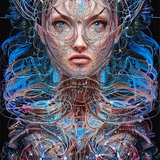 Prompt: beautifully stunning biopunk woman_integrating_with_technology_full_face_insipiring_detailed_intricate_ornate_cables_connected_to_head_big_open_electric_eyes_ the_singulairty is now by android jones