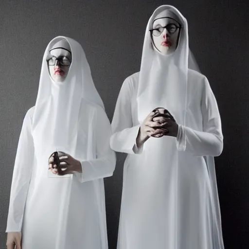 Image similar to award winning photo Floating twin nuns wearing translucent habits, see through dress, Very long arms, in a bedroom, eerie, frightening —width 1024 —height 1024