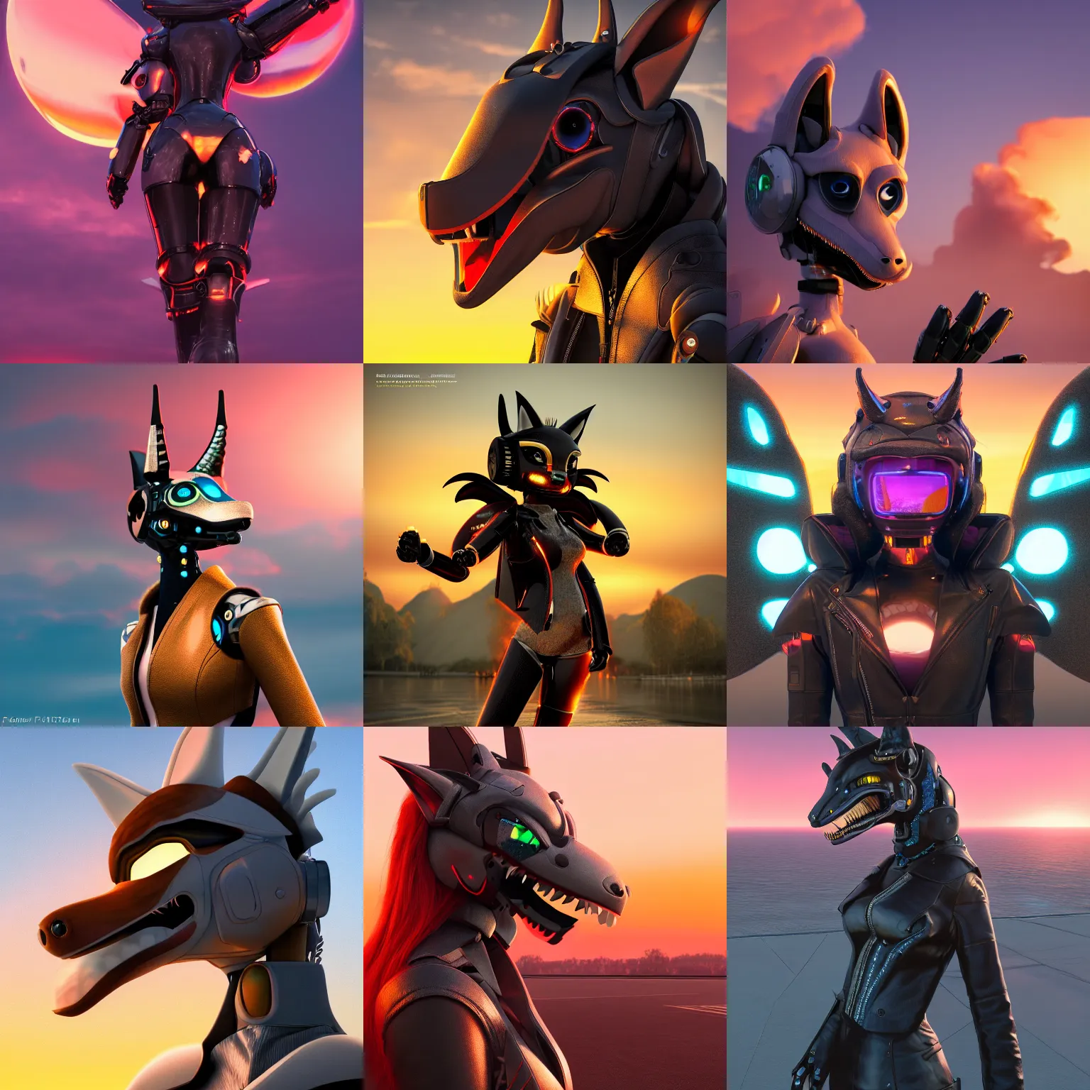 Prompt: furry art, profile picture of a female robotic anthro dragon, grinning, wearing leather jacket, sunset in background, commission on furaffinity, cgsociety, octane render, vibrant colors
