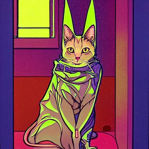 Prompt: an art nouveau cat wearing a hooded cloak, in an elevator with neon panelling, by moebius and james gurney