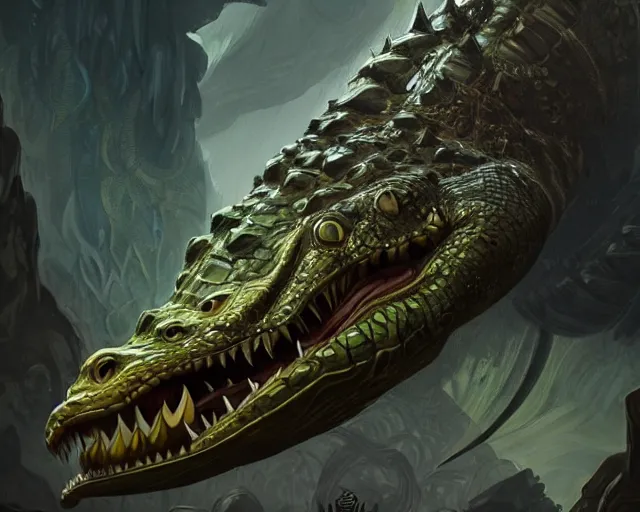 Image similar to forsaken crocodile god, cinematographic shot, deep focus, d & d, fantasy, intricate, elegant, highly detailed, digital painting, artstation, concept art, matte, sharp focus, illustration, hearthstone, magic the gathering, art by wesley burt and artgerm and alphonse mucha
