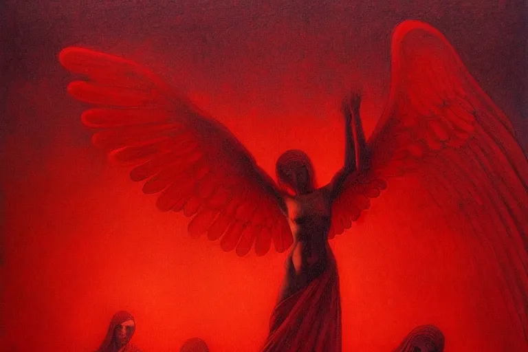 Image similar to only with red, a red angel announce the win, at the gates of a rich renaissance city, pathos, in the style of beksinski, part by hopper, part by rodcenko, part by hofbauer, intricate composition, red by caravaggio, insanely quality, highly detailed, masterpiece, red light, artstation