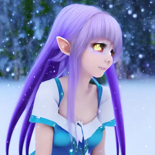 Prompt: Render of a very beautiful 3d anime girl, elf girl, full body, long silver hair purple tips, azure blue eyes, full round face, short smile, cute bunny dress, in snow, medium shot, mid-shot, highly detailed, trending on Artstation, Unreal Engine 4k