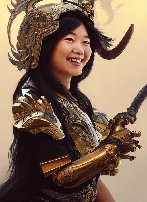 Image similar to Close-up portrait of smiling young asian woman wearing a winged helmet and black armor with skulls, holding a magic staff, portrait, highly detailed, digital painting, artstation, concept art, sharp focus, illustration, art by artgerm and greg rutkowski and alphonse mucha