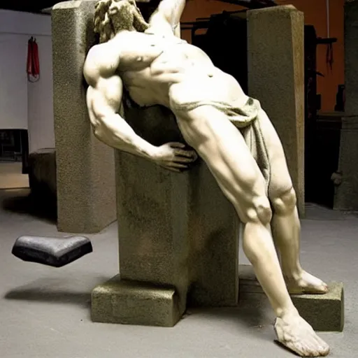 Image similar to jesus christ benchpressing large weights, roman sculpture