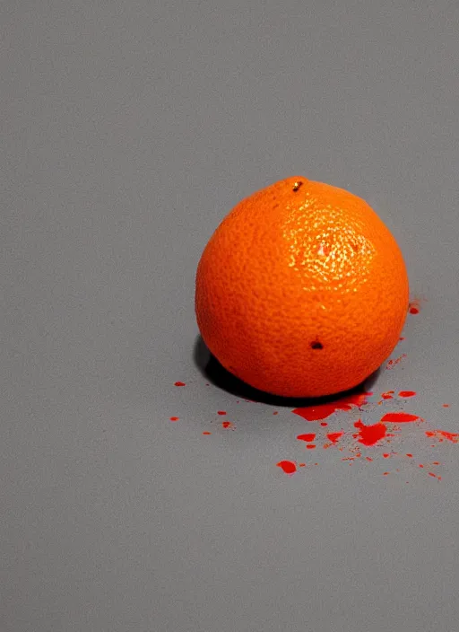 Prompt: an orange with a blood splatter on it,