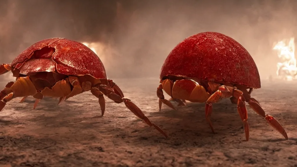 Image similar to a giant hermit crab made of blood and fire floats through the living room, film still from the movie directed by Denis Villeneuve with art direction by Salvador Dalí, wide lens