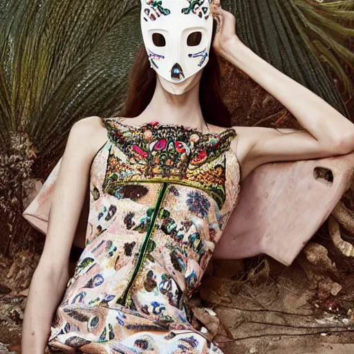 Image similar to valentino resort ss 2 0 1 7 dress with ornate mask headpiece, model lounging by cybernetic ancient ruins