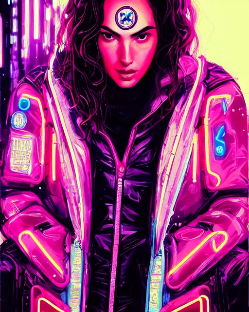 Image similar to detailed portrait Gal Gadot Neon Operator Girl, cyberpunk futuristic neon, reflective puffy coat, decorated with traditional Japanese ornaments by Ismail inceoglu dragan bibin hans thoma greg rutkowski Alexandros Pyromallis Nekro Rene Maritte Illustrated, Perfect face, fine details, realistic shaded, fine-face, pretty face