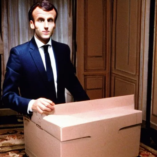 Prompt: Emmanuel Macron inside a shoe box American Psycho (1999)