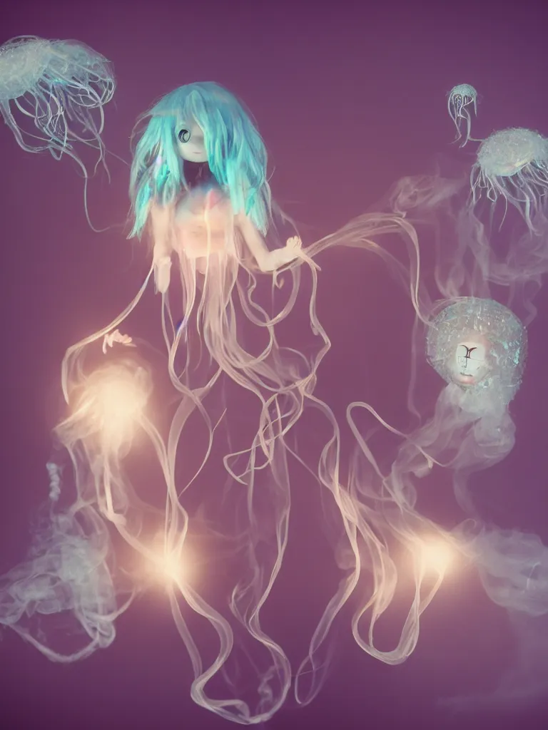 Prompt: cute fumo plush smiling ectoplasmic gothic macabre shiny jellyfish ghost girl, glowing wisps of hazy smoke, lens flare, vignette, refraction, vray